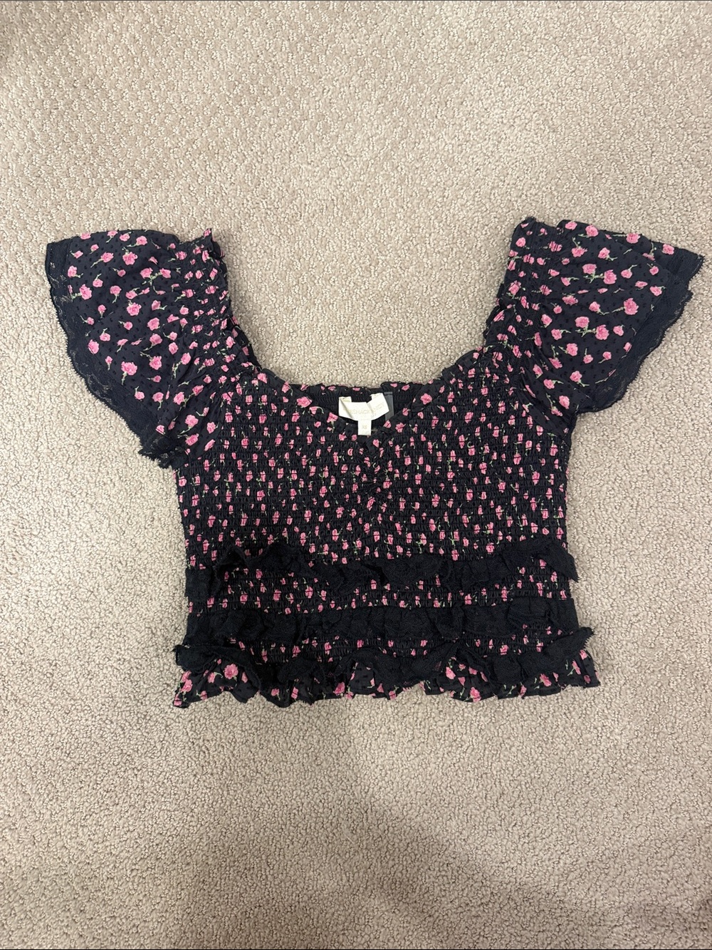LoveShackFancy Black Smocked Crop Top with Pink Floral